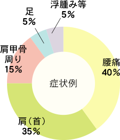 症状例 腰痛 40％ : 肩(首) 35％ : 肩甲骨周り 15％ : 足 5％ : 浮腫み等 5％